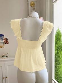 Comfortcana Apricot Color Woven Slim Fit Square Neck Ladies' Vacation T-Shirt - Apricot - View 2