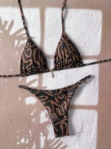 Swim Vcay Women's Summer Random Print Metal Decor Halter Sexy Bikini Set - Multicolor - View 8