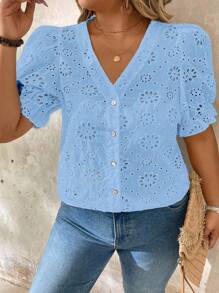 SHEIN LUNE Women Plus Size V-Neck Embroidered Puff Sleeve Button Front Blouse - Blue - View 4