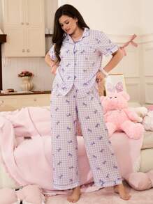 SHEIN Plus Size Bow Plaid Floral Romantic Print Sleepwear Set - Multicolor - View 3