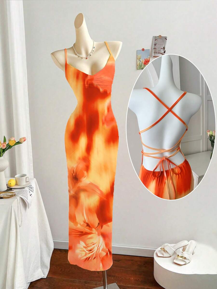 INAWLY 女式休闲舒适度假印花露背连衣裙 - 彩色 - 查看 1