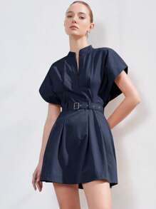 Aveloria Modichic New Fashion Simple & Elegant High-Quality Commuting Women's Stand Collar Round Neck Loose Cap Sleeve Ruched Tie-Waist A-Line Mini Dress