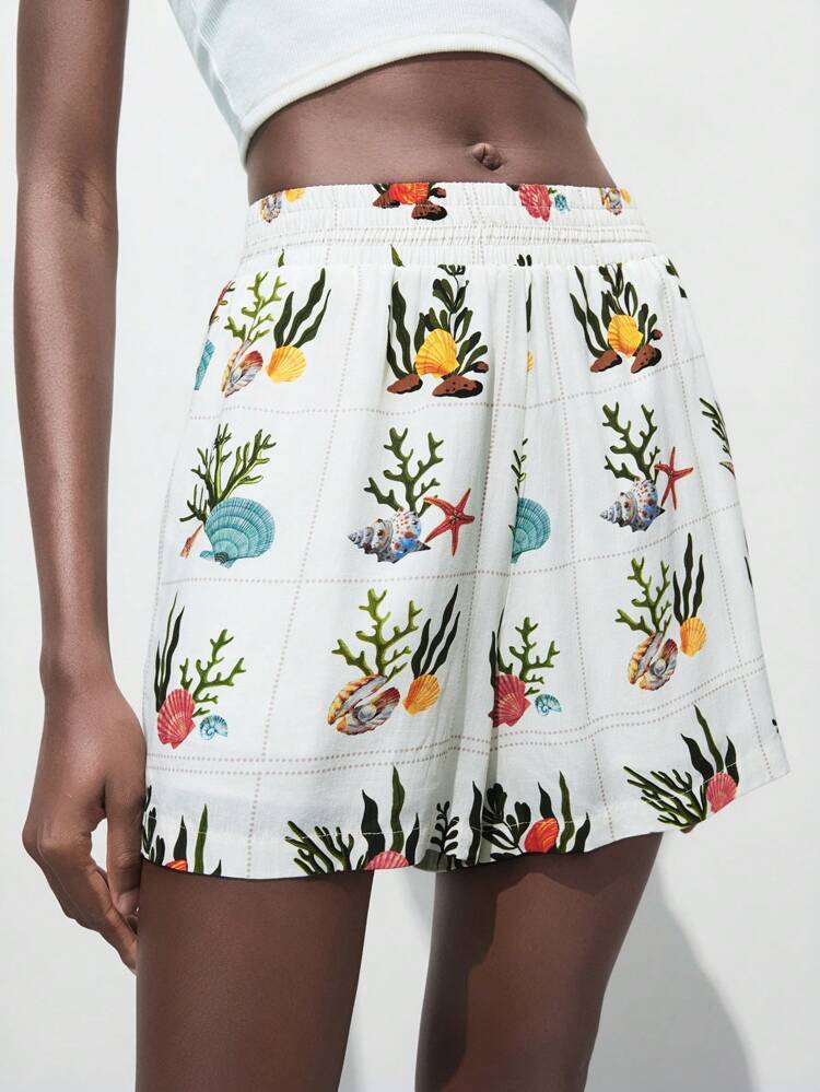 SHEIN Maija Women Shell Print Elastic Waist Loose Leg Shorts Summer Clothes Women Clothes Summer Outfits For Women Vacation Outfits Women Boho Clothes Women Micro Shorts Flowy Shorts Vacation Outfits Woman Beach Outfits For Woman