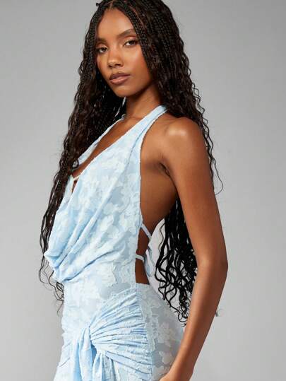 cowl neck ruched backless maxi dress Jersey Cowl Neck Backless Maxi Dress in Ivory main image 1