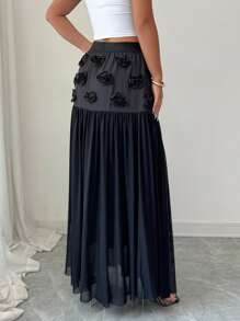 Elenzga Women Floral 3D Decor Ruffle Elegant Skirt Fall Cloth For Women - Black - View 2
