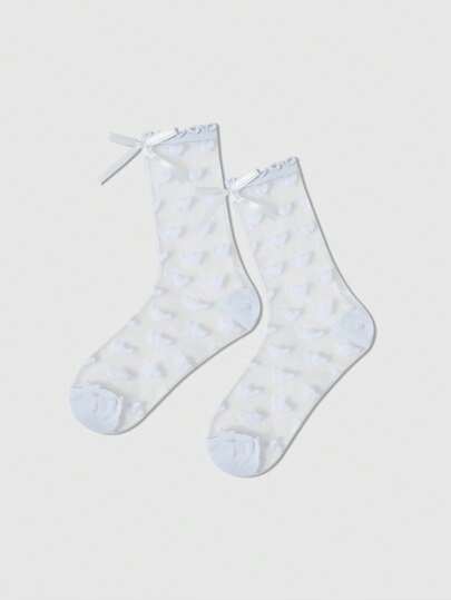 Fairycore 4 Pairs Women's Bowknot & Lace Detail Ice Silk Mid-Calf Socks, All Season