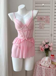 PetitDoll Set romántico y retro de 2 piezas con encaje y contraste de malla transparente en la espalda