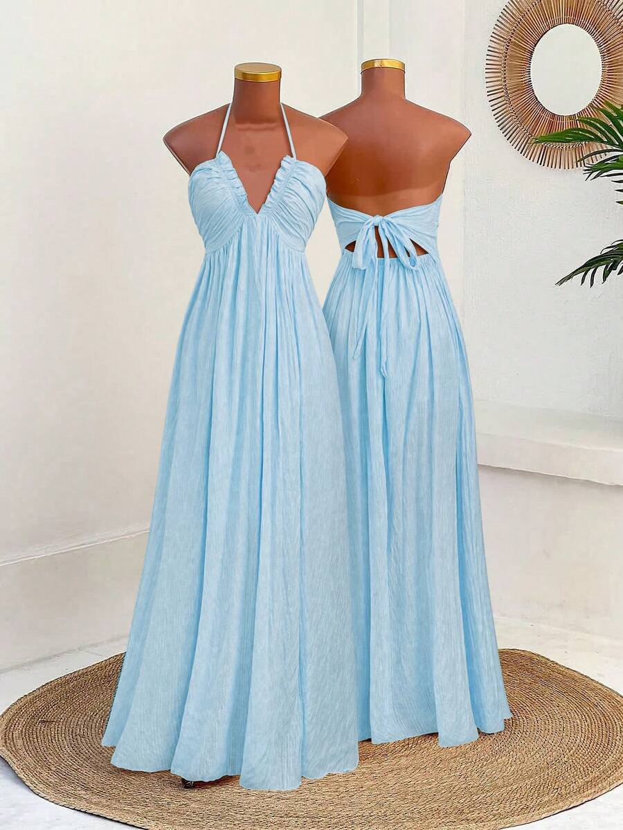 Sunnyshic Vestido de verano, nuevo vestido de vacaciones elegante y sexy para la playa, de tela texturizada con cuello en V profundo, con volantes y tirantes de espagueti, cintura ajustada adelgazante