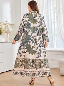 Lacomfia Elegant Vintage Floral Print Front Button Down Plus Size Dress - Olive Green - View 2