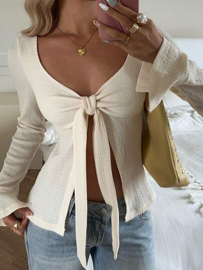 CovetEZ 1 pieza Camiseta informal de manga de campana con puño y abertura en el bajo de un solo color