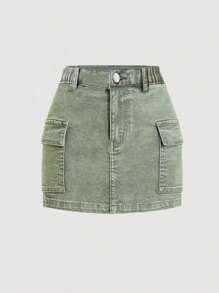 Tween Girls Fashion Washed Denim Casual Versatile Comfortable Daily Elastic Waist Teens Denim Cargo Mini Skirt - Army Green - View 1