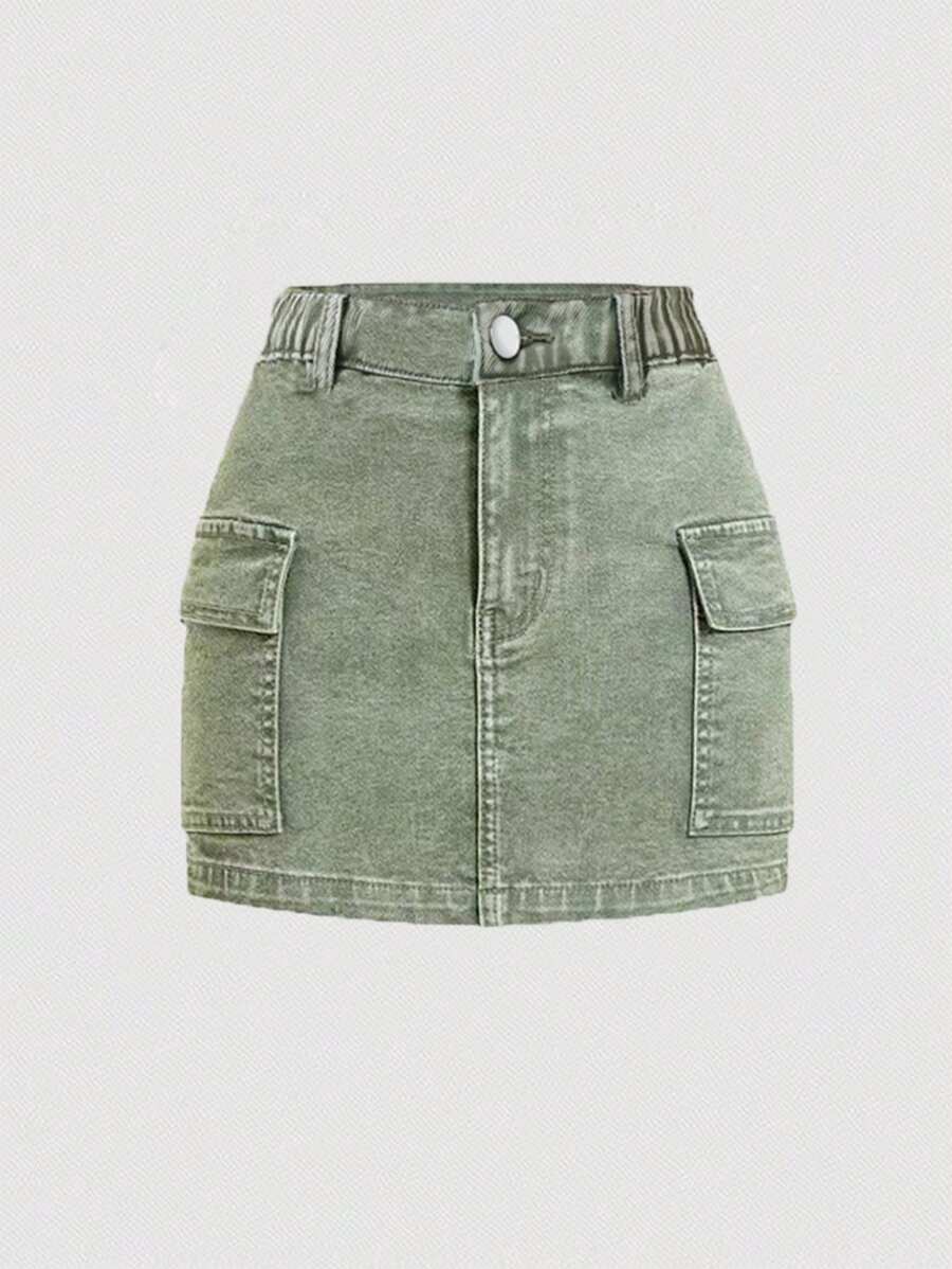 Tween Girls Fashion Washed Denim Casual Versatile Comfortable Daily Elastic Waist Teens Denim Cargo Mini Skirt - Army Green - View 1