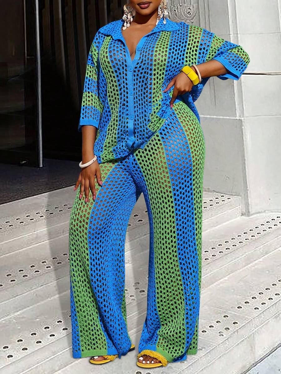 Slaydiva 大码2025新款时尚度假休闲镂空无领长袖开衫+阔腿裤蓝绿色针织两件套女毛衣套装 - 彩色 - 查看 1