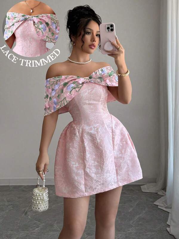 Elenzga Váy ren thêu bướm hồng hở vai mùa xuân/hè