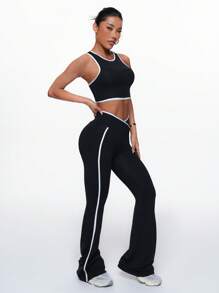 Slayform Conjunto deportivo de top sin mangas con ribete de contraste y pantalones - Conjunto de ropa deportiva para mujer