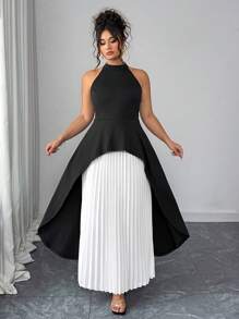 Elenzga Women's Plus Size Stand Collar Color Block Long Dress, Elegant Pleated Dress For Party, Summer - Multicolor - View 3