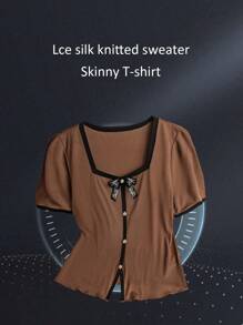 SHEIN Tall 大码女式圆领紧身短袖 T 恤，带金属纽扣刺绣和编织丝带，夏季上衣 - 咖啡棕 - 查看 3