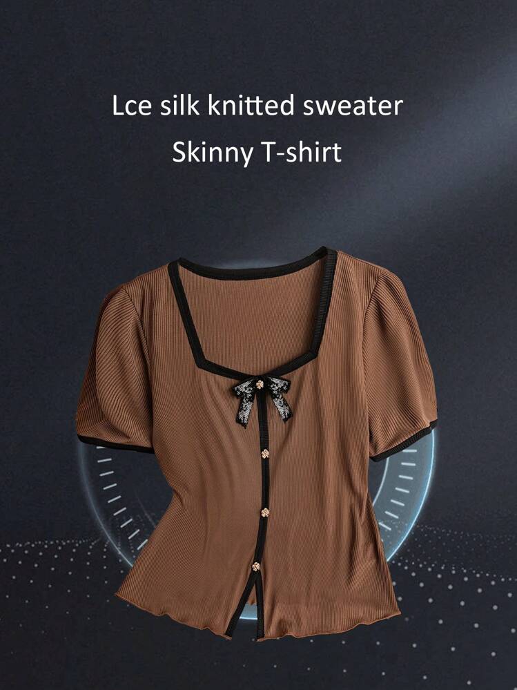 SHEIN Tall Camiseta de manga corta de cuello redondo ajustada de talla grande para mujer con botón metálico bordado y cinta tejida, top de verano - Café integral - Añade 3