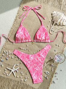 Swim Mod 夏季两件套度假印花细肩带上衣和高腰泳裤泳衣套装 - 彩色 - 查看 2