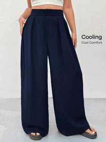 Solflare Plus Size Navy Blue High Waisted Straight Leg Casual Pants, Minimalist & Stylish Office Wear - Navy Blue - View 6