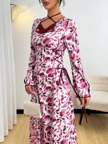 Yasmyna 女式侧腰系带浪漫花卉印花束腰优雅阿拉伯风格连衣裙，春夏 - 彩色 - 查看 7