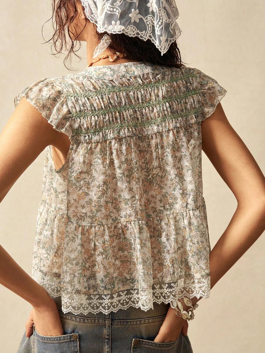 Bohemela Boho Countryside Resort Style Casual Woven Printing Ruffle Puff Sleeve V-Neck Women Blouse