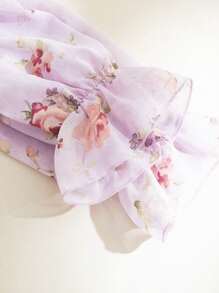 Modelyn Women Floral Print Flounce Collar Long Sleeve Elegant Blouse - Mauve Purple - View 3