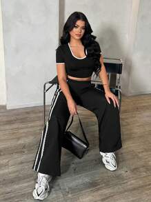 SHEIN SXY 2pcs Set: Black U-Neck Short Sleeve Cropped Top And White Lace Decorated Loose High-Waisted Pants With Pockets, Casual Street Style, Spring/Summer Two Pieces Set Women 2 Pieces Casual Sets Woman Woman 2 Pieces Outfits Crop Top Set