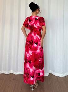 Chiquease 女士优雅花卉印花荷叶边袖长裙，玫瑰红色