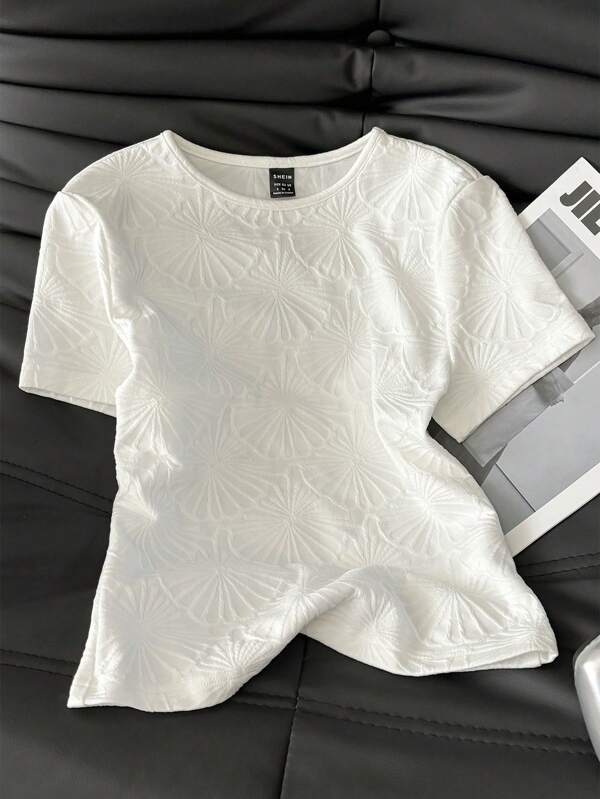 SHEIN LUNE Plus Size Textured Knit Jacquard Form Fitting Short Sleeve T-Shirt, Casual Basic Clothing For Spring & Summer Daily Wear  Graduation Dress/ Graduation Dresses For Women/ White Graduation Dress/ Graduation Outfit. White Short Sleeve Top Textured Top Women Womens White Tee White Top Women Fall Women Clothes School Clothes Country Outfits Women Teacher Outfits For Women All White Country Outfits Women