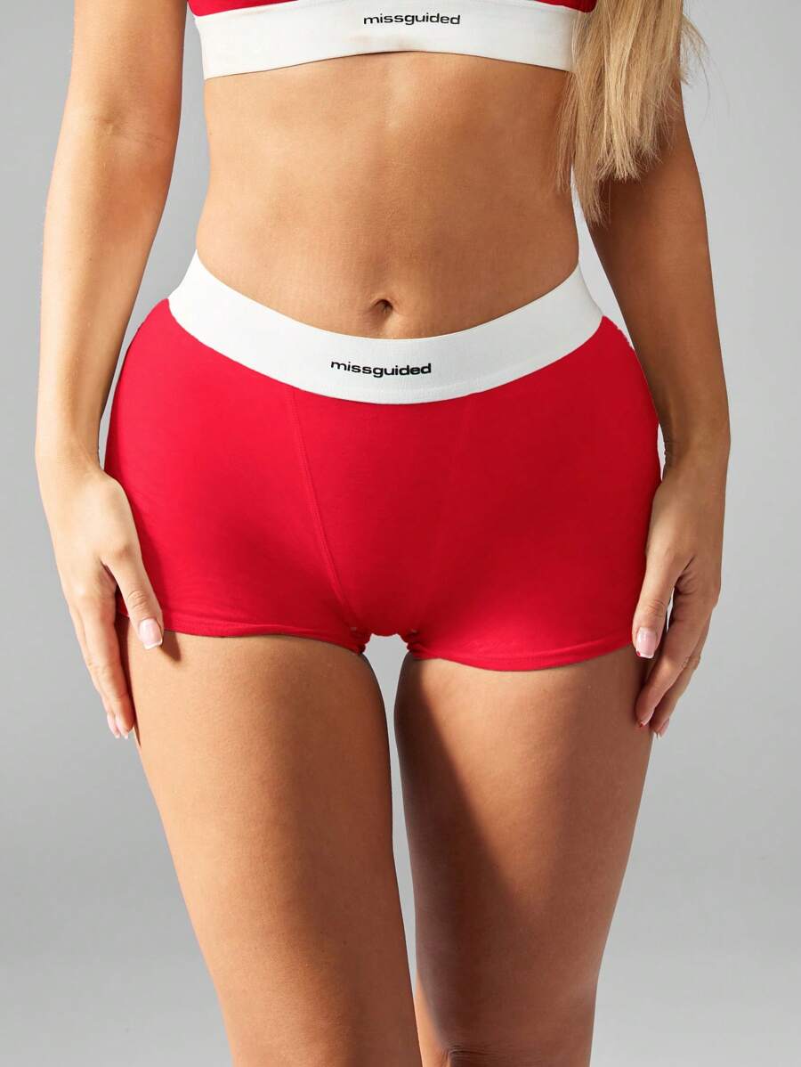 MISSGUIDED Women High Rise Sports Boyshorts Underwear With Contrast Waistband - Red - View 1
