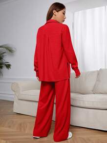 SHEIN EZwear Red Woven Casual Women's Long Sleeve And Long Pants Set Women Red Outfit - Red - View 2