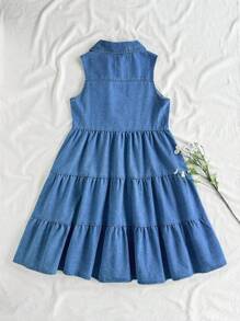 SHEIN Vintaside Kids 青少年女孩夏季无袖翻领时尚高端衬衫式牛仔连衣裙，适合派对、学校活动、生日、旅行和度假 - 藍色 - 查看 10