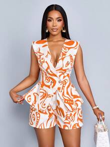 SOLERSUN Top con cuello en V y chaleco en la cintura con estampado total de verano y pantalones cortos para mujer, versátil para vacaciones, ir al trabajo y uso diario (Estampado floral aleatorio)