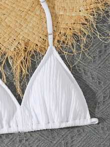 女童 3 件套针织条纹分体泳衣套装，花式面料泳衣上衣、短裤和裙子，优雅设计，适合游泳、度假、夏季 - 白色 - 查看 5