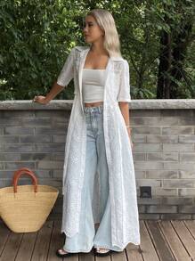 Livesso Copri-costume da donna in kimono lungo, con stampe e ricami, a maniche corte, per vacanza - Bianco - Visualizzare 3