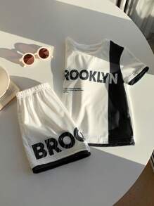 SHEIN 两件套年轻男童休闲运动校园街头可爱度假字母图案拼接圆领T恤和短裤套装适合儿童服装幼儿男童服装返校男童套装适合生日派对、聚会、表演、婚礼、洗礼、返校日常适合日常适合上学适合旅行适合运动适合春夏季