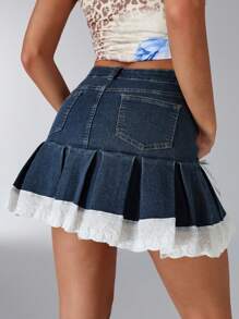 SHEIN Unity Thời trang nữ Boutique Phong cách cá nhân hóa Phong cách đường phố Dễ thương Nơ ren Viền trang trí Denim Wash Denim Váy chữ A - Rửa tối - Xem 3