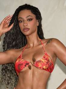 Swim EVENT Tie Dye Ring Linked Halter Bikini Top Summer - Multicolor - View 4