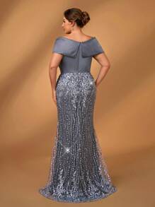 Serin 加大码优雅奢华灰色缎面拼布露肩褶饰美人鱼礼服，适合晚会、婚礼、蜜月、新娘母亲礼服 - 灰色 - 查看 3