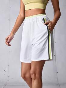 SHEIN Sports 女士休闲运动跑步健身撞色修身短裤 - 白色 - 查看 2