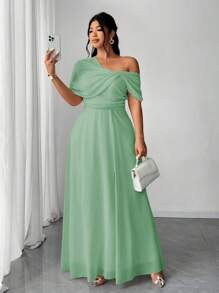 Elenzga Plus Size Women Elegant Wedding/Party Chiffon One-Shoulder High Slit Maxi Dress