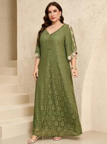 Al Najma Plus Size Green Lace Long Modest Dress With V-Neck And Elegant Embroidered Half Sleeves, Perfect Arabian Wear For Women. Kaftan Jalabiya Dress