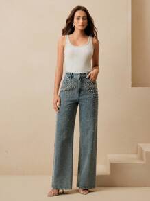 Anewsta 女士直筒水钻装饰优雅派对裤，适合春季、情人节、圣诞节穿着，显瘦。 - 藍色 - 查看 7