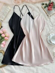 2pcs Set Solid Color Cross Strap Satin Ladies Nightgown, Dual-Color