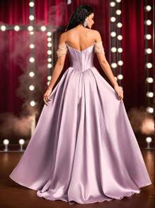 Glamrae 优雅华丽的莲花粉色奢华露肩袖网眼珍珠钻石装饰拼接亮面缎鱼骨压线超大美人鱼轮廓适合婚礼活动单身派对度假舞会蜜月毕业季晚宴礼服（重磅款）、正式、礼服、晚礼服、婚礼宾客 - 藕粉色 - 查看 3