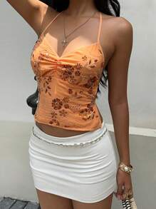 Sunnyshic 橙色吊带珠绣褶饰前襟吊带背心