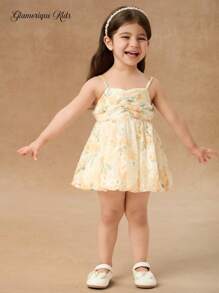 SHEIN Glamorique Kids Baby Girl Spring/Summer Spaghetti Strap Pleated Design Bud-Shaped Hem Dress - Yellow - View 3