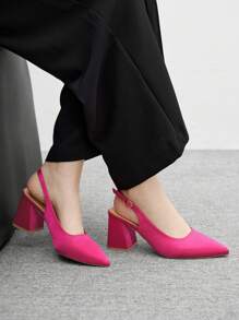 CUCCOO BIZCHIC Fashionable Fuchsia Open Heel Pointed Toe Chunky Mid-Heel Pumps, Classic Minimalist Design For Work, Date, Party, Holiday, Wedding For Christmas - Hot Pink - View 5