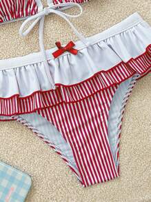 Soleia Bộ 2 món/Bộ đồ bơi bikini hai lớp in họa tiết sọc xanh trắng thắt nơ trang trí cho nữ - Đỏ - Xem 3